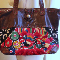 NEW! Vintage JP & Mattie Leather and Antique Applique Textile Bag 