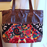 NEW! Vintage JP & Mattie Leather and Antique Applique Textile Bag 