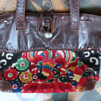 NEW! Vintage JP & Mattie Leather and Antique Applique Textile Bag 