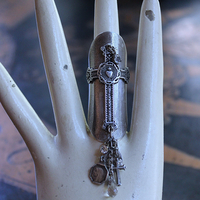 NEW! Unique Wide Sterling Ring with Antique French Medals, Crosses & Tiny Faceted Rock Crystals - size 7 1/4