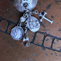 NEW! Unique Wide Sterling Ring with Antique French Medals, Crosses & Tiny Faceted Rock Crystals - size 7 1/4