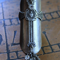NEW! Unique Wide Sterling Ring with Antique French Medals, Crosses & Tiny Faceted Rock Crystals - size 7 1/4