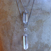 NEW! Two Principles Necklace with Sterling Crown Bezel Clear Quartz Points,Faceted Rock Crystal Orb,Tiny Sterling Bead Chains