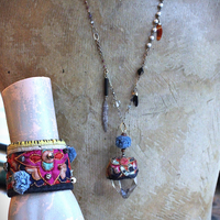 NEW! Antique Hmong Textile Cuff Bracelet & Necklace Set w/Freeform Citrine Point,Vintage Fragment Chain,Hand Stitched Beads