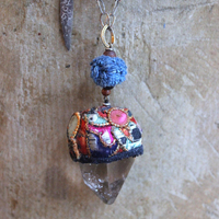 NEW! Antique Hmong Textile Cuff Bracelet & Necklace Set w/Freeform Citrine Point,Vintage Fragment Chain,Hand Stitched Beads