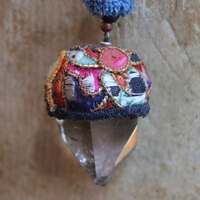 NEW! Antique Hmong Textile Cuff Bracelet & Necklace Set w/Freeform Citrine Point,Vintage Fragment Chain,Hand Stitched Beads