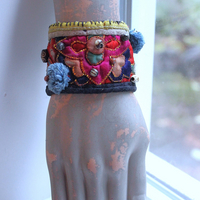 NEW! Antique Hmong Textile Cuff Bracelet & Necklace Set w/Freeform Citrine Point,Vintage Fragment Chain,Hand Stitched Beads