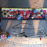 NEW! Antique Hmong Textile Cuff Bracelet & Necklace Set w/Freeform Citrine Point,Vintage Fragment Chain,Hand Stitched Beads