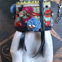 NEW! Antique Hmong Textile Cuff Bracelet & Necklace Set w/Freeform Citrine Point,Vintage Fragment Chain,Hand Stitched Beads