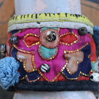 NEW! Antique Hmong Textile Cuff Bracelet & Necklace Set w/Freeform Citrine Point,Vintage Fragment Chain,Hand Stitched Beads