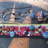 NEW! Antique Hmong Textile Cuff Bracelet & Necklace Set w/Freeform Citrine Point,Vintage Fragment Chain,Hand Stitched Beads