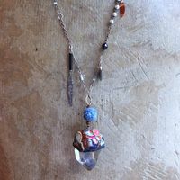 NEW! Antique Hmong Textile Cuff Bracelet & Necklace Set w/Freeform Citrine Point,Vintage Fragment Chain,Hand Stitched Beads