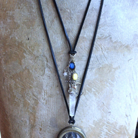 NEW! Divine Cosmos Necklace Set with Antique Pocket Watch Case, Sterling Moons and Stars,Sterling Capped Clear Rock Quartz Point