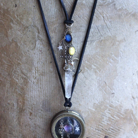 NEW! Divine Cosmos Necklace Set with Antique Pocket Watch Case, Sterling Moons and Stars,Sterling Capped Clear Rock Quartz Point