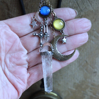 NEW! Divine Cosmos Necklace Set with Antique Pocket Watch Case, Sterling Moons and Stars,Sterling Capped Clear Rock Quartz Point