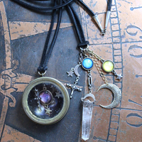 NEW! Divine Cosmos Necklace Set with Antique Pocket Watch Case, Sterling Moons and Stars,Sterling Capped Clear Rock Quartz Point