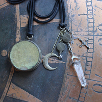 NEW! Divine Cosmos Necklace Set with Antique Pocket Watch Case, Sterling Moons and Stars,Sterling Capped Clear Rock Quartz Point