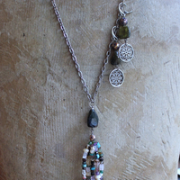 NEW! Multi Gem Tassel Necklace & Earring Set w/Barrel Cut Bi Color,Pink & Green Tourmaline,Antique Enamel Beads, Sterling Findings &  More!
