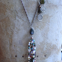 NEW! Multi Gem Tassel Necklace & Earring Set w/Barrel Cut Bi Color,Pink & Green Tourmaline,Antique Enamel Beads, Sterling Findings &  More!