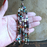 NEW! Multi Gem Tassel Necklace & Earring Set w/Barrel Cut Bi Color,Pink & Green Tourmaline,Antique Enamel Beads, Sterling Findings &  More!