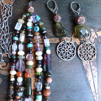 NEW! Multi Gem Tassel Necklace & Earring Set w/Barrel Cut Bi Color,Pink & Green Tourmaline,Antique Enamel Beads, Sterling Findings &  More!