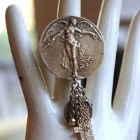 We Rise Bronze Ring with Antique WW1 Victory Medal,Tiny Lord's Prayer Coin,Star, Chain Tassel & Cross