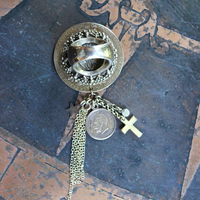 We Rise Bronze Ring with Antique WW1 Victory Medal,Tiny Lord's Prayer Coin,Star, Chain Tassel & Cross