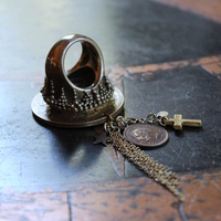 We Rise Bronze Ring with Antique WW1 Victory Medal,Tiny Lord's Prayer Coin,Star, Chain Tassel & Cross
