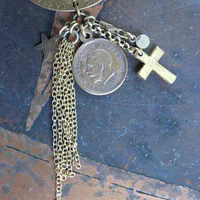 We Rise Bronze Ring with Antique WW1 Victory Medal,Tiny Lord's Prayer Coin,Star, Chain Tassel & Cross