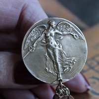 We Rise Bronze Ring with Antique WW1 Victory Medal,Tiny Lord's Prayer Coin,Star, Chain Tassel & Cross