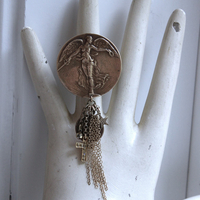 We Rise Bronze Ring with Antique WW1 Victory Medal,Tiny Lord's Prayer Coin,Star, Chain Tassel & Cross