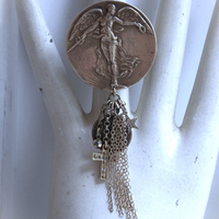 We Rise Bronze Ring with Antique WW1 Victory Medal,Tiny Lord's Prayer Coin,Star, Chain Tassel & Cross