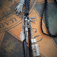 The Wound Necklace w/Long Soft Braided Suede Leather,Antique Sterling Oil/Prayer Vessel,Figural Hand,Bird,Sword + Faceted Rock Crystal