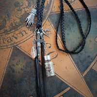 The Wound Necklace w/Long Soft Braided Suede Leather,Antique Sterling Oil/Prayer Vessel,Figural Hand,Bird,Sword + Faceted Rock Crystal