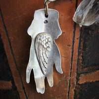The Wound Necklace w/Long Soft Braided Suede Leather,Antique Sterling Oil/Prayer Vessel,Figural Hand,Bird,Sword + Faceted Rock Crystal