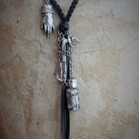 The Wound Necklace w/Long Soft Braided Suede Leather,Antique Sterling Oil/Prayer Vessel,Figural Hand,Bird,Sword + Faceted Rock Crystal