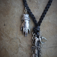 The Wound Necklace w/Long Soft Braided Suede Leather,Antique Sterling Oil/Prayer Vessel,Figural Hand,Bird,Sword + Faceted Rock Crystal