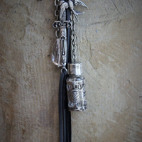 The Wound Necklace w/Long Soft Braided Suede Leather,Antique Sterling Oil/Prayer Vessel,Figural Hand,Bird,Sword + Faceted Rock Crystal