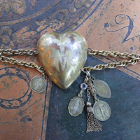 Antique French Engraved Ex Voto Heart Bracelet with Rare Antique French Medals,Bezel Set Faceted Crystal Connector,Antique Chain Tassel