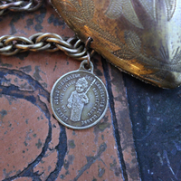 Antique French Engraved Ex Voto Heart Bracelet with Rare Antique French Medals,Bezel Set Faceted Crystal Connector,Antique Chain Tassel