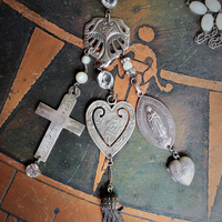  Our Mother Necklace w/RARE Tiny Sterling Ex Voto Locket,Sterling Mother's Heart Medal,Penin Marian Medal,Antique Sterling Nun's Cross