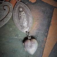  Our Mother Necklace w/RARE Tiny Sterling Ex Voto Locket,Sterling Mother's Heart Medal,Penin Marian Medal,Antique Sterling Nun's Cross