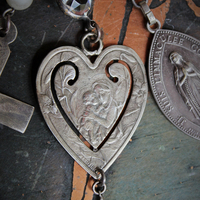  Our Mother Necklace w/RARE Tiny Sterling Ex Voto Locket,Sterling Mother's Heart Medal,Penin Marian Medal,Antique Sterling Nun's Cross