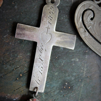  Our Mother Necklace w/RARE Tiny Sterling Ex Voto Locket,Sterling Mother's Heart Medal,Penin Marian Medal,Antique Sterling Nun's Cross