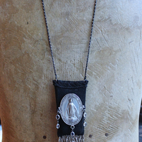 NEW! Antique Faceted Cut Steel Bead Blessing Bag Necklace with RARE Antique 1901 Bryce & Son Miniature Old & New Testament Bible w/Magnifying Case