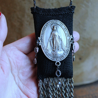 NEW! Antique Faceted Cut Steel Bead Blessing Bag Necklace with RARE Antique 1901 Bryce & Son Miniature Old & New Testament Bible w/Magnifying Case