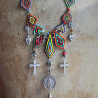 If you Knew Necklace w/Hand Loomed Seed Bead Findings,Vintage French Marian Medal,Crosses,Sacred Hearts,Seed Bead Tassel,Sterling Link Chain