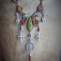 If you Knew Necklace w/Hand Loomed Seed Bead Findings,Vintage French Marian Medal,Crosses,Sacred Hearts,Seed Bead Tassel,Sterling Link Chain