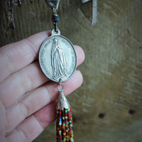 If you Knew Necklace w/Hand Loomed Seed Bead Findings,Vintage French Marian Medal,Crosses,Sacred Hearts,Seed Bead Tassel,Sterling Link Chain