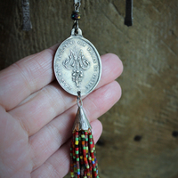 If you Knew Necklace w/Hand Loomed Seed Bead Findings,Vintage French Marian Medal,Crosses,Sacred Hearts,Seed Bead Tassel,Sterling Link Chain